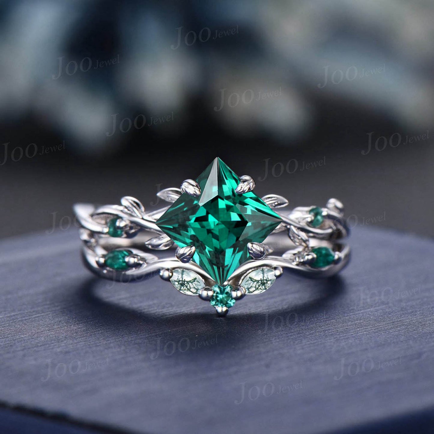 Twig Vine Green Emerald Bridal Set Antique 10K Black Gold Wedding Ring 2 carat Princess Cut Engagement Ring Set Unique May Birthstone Gifts
