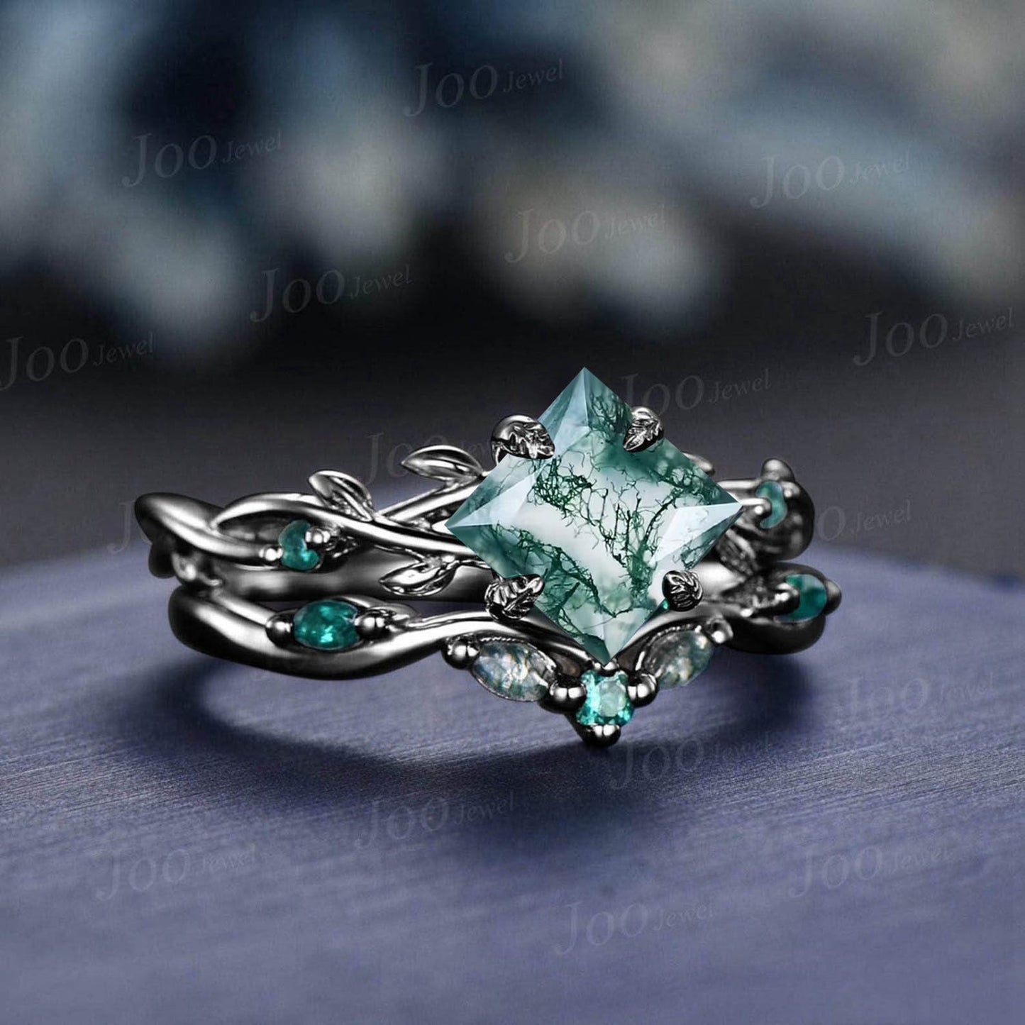 Princess Cut Natural Green Moss Agate Emerald Engagement Ring Set 2ct Twig Vine Wedding Ring Goth Unique Antique 14K Black Gold Promise Ring