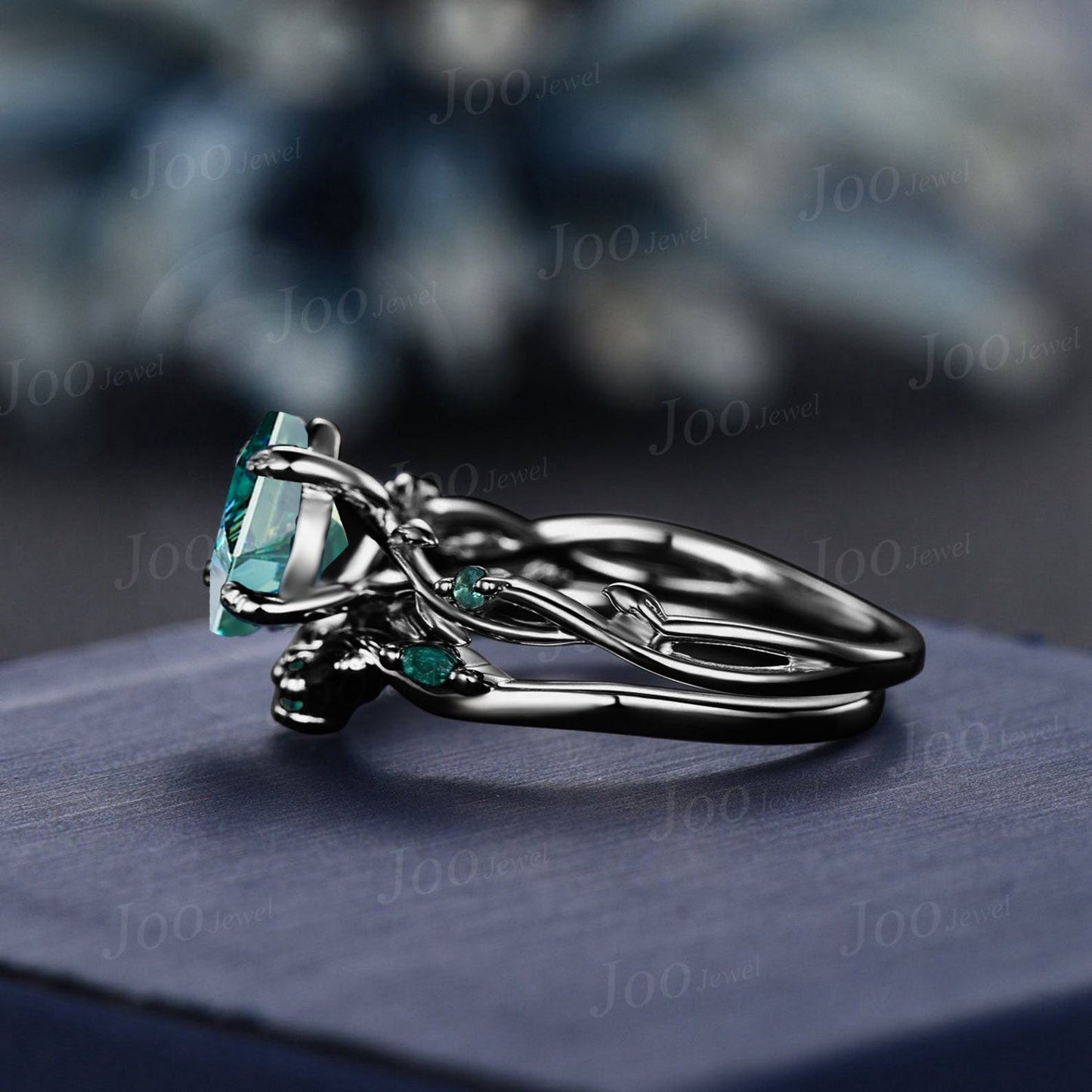 2ct Princess Cut Green Sapphire Engagement Ring Set 10K Black Gold Twig Vine Emerald Agate Wedding Ring Goth Unique Antique Promise Ring