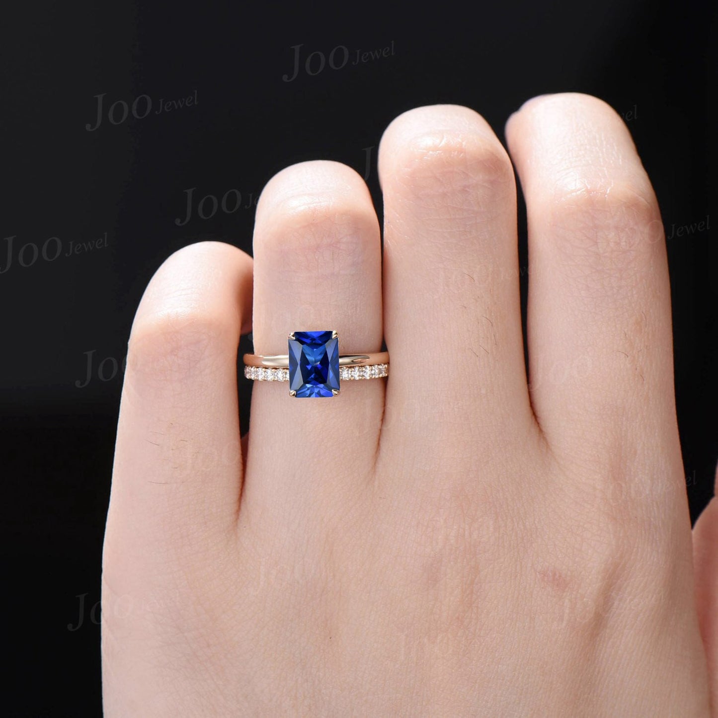 2ct Radiant Cut Blue Sapphire Engagement Ring Set 10k Solid Gold Blue Sapphire Solitaire Wedding Bridal Ring Hidden Halo Ring Promise Gifts