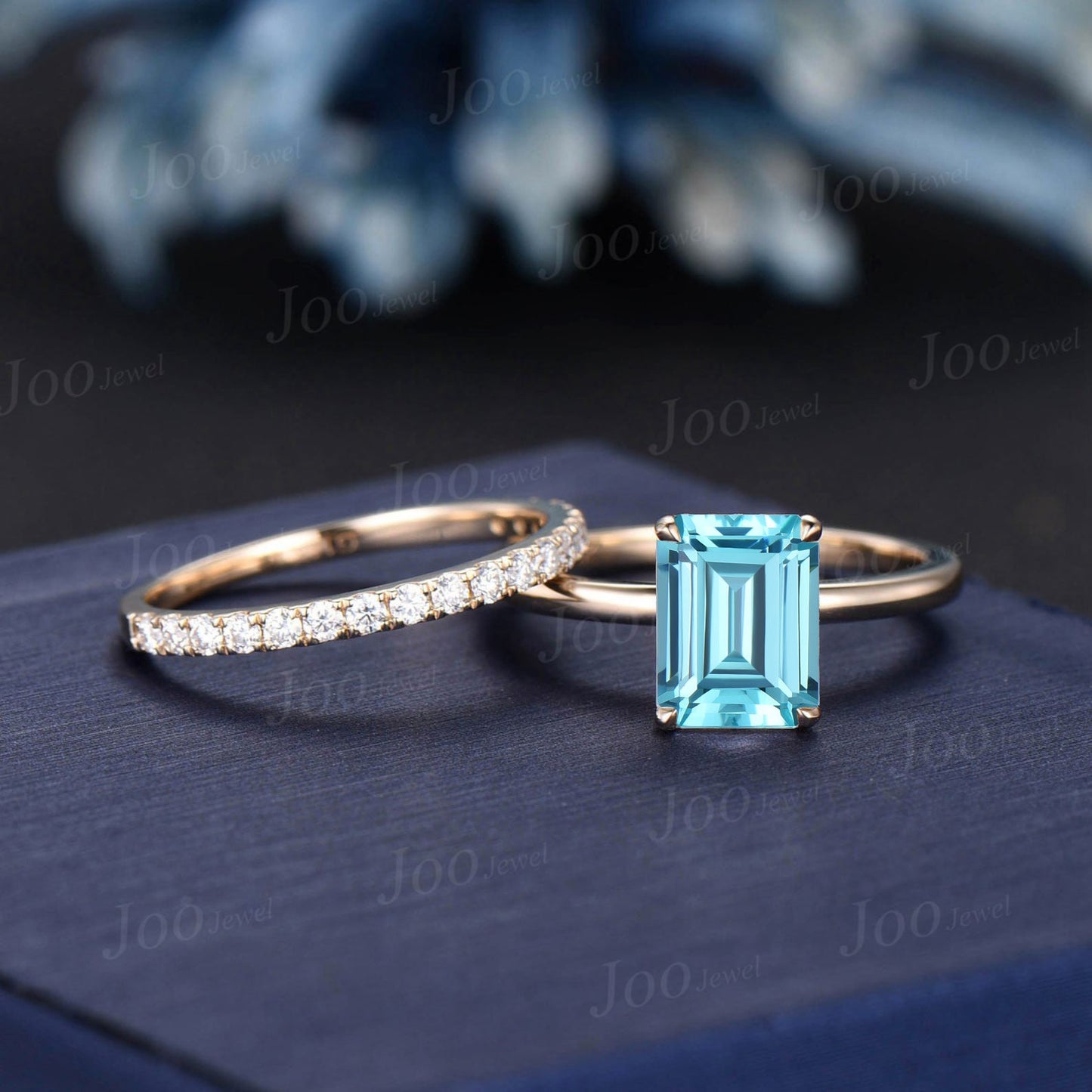 2ct Emerald Cut Paraíba Tourmaline Engagement Ring Set 10K Yellow Gold Vintage Unique Hidden Halo Wedding Ring Half Eternity Proposal Rings