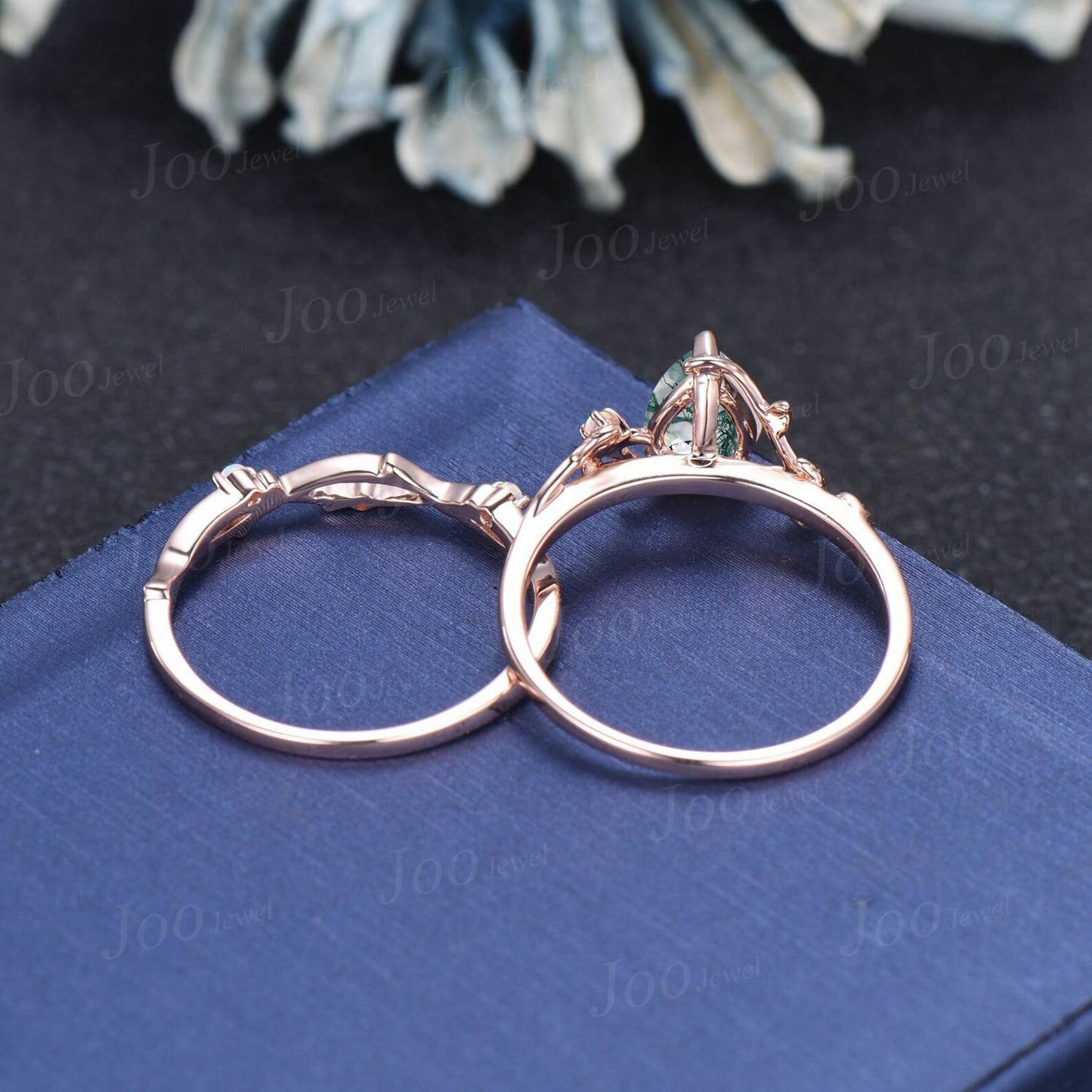 Teardrop Engagement Ring Vintage Branch Design Natural Green Moss Agate Ring 10K Rose Gold Cluster Opal Wedding Ring Twig Vine Bridal Ring