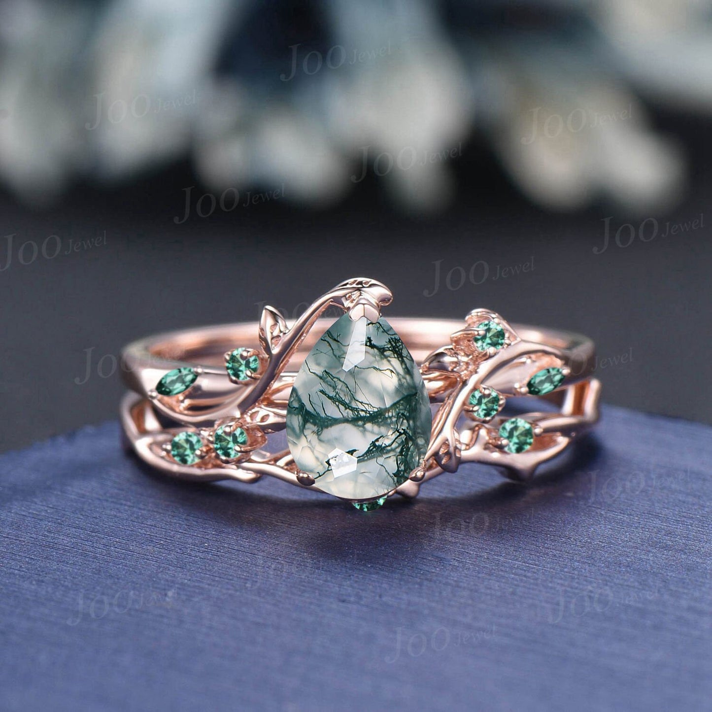 Teardrop Engagement Ring Vintage Branch Design Natural Green Moss Agate Ring 10K Rose Gold Cluster Opal Wedding Ring Twig Vine Bridal Ring