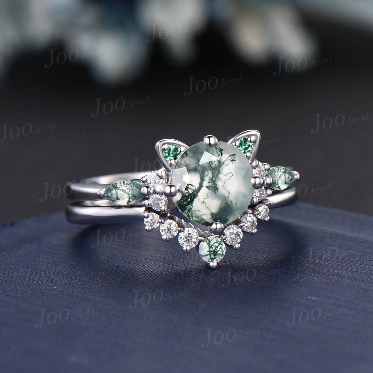 Cat Bridal Ring Set Vintage 1.2ct Round Cut Natural Green Moss Agate Emerald Cat Cut Promise Wedding Ring Peekaboo Kitten Animal Lover Gifts