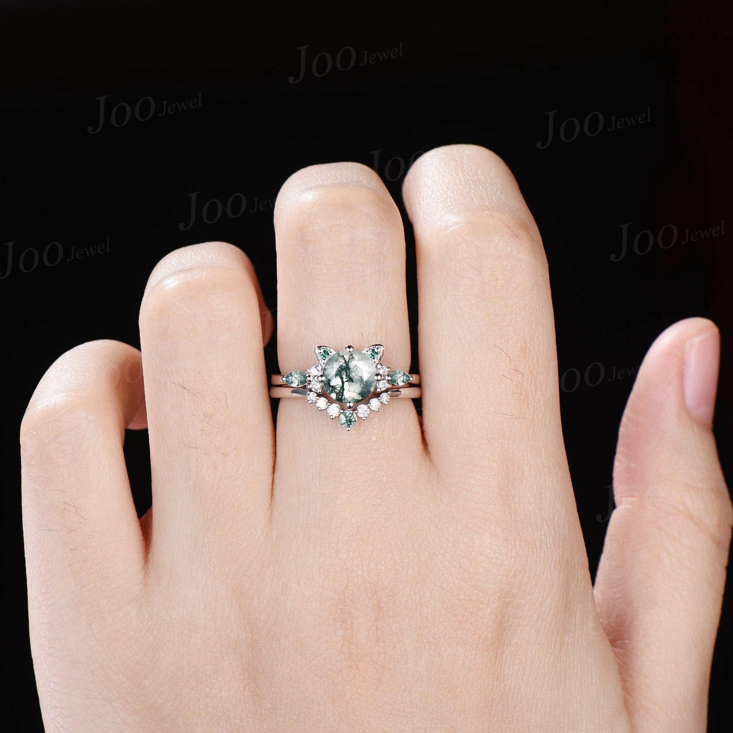 Cat Bridal Ring Set Vintage 1.2ct Round Cut Natural Green Moss Agate Emerald Cat Cut Promise Wedding Ring Peekaboo Kitten Animal Lover Gifts