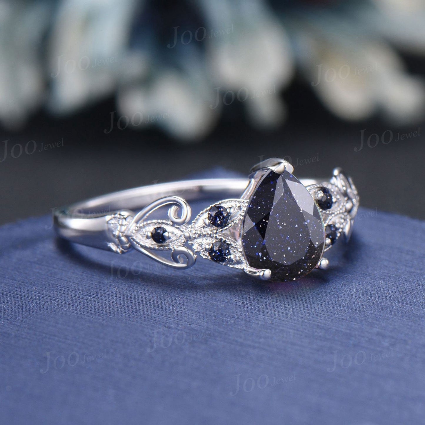 Unique Filigree Design Butterfly Engagement Ring Women 1.25ct Pear Cut Galaxy Blue Sandstone Ring Blue Goldstone Cluster Wedding Ring Gifts