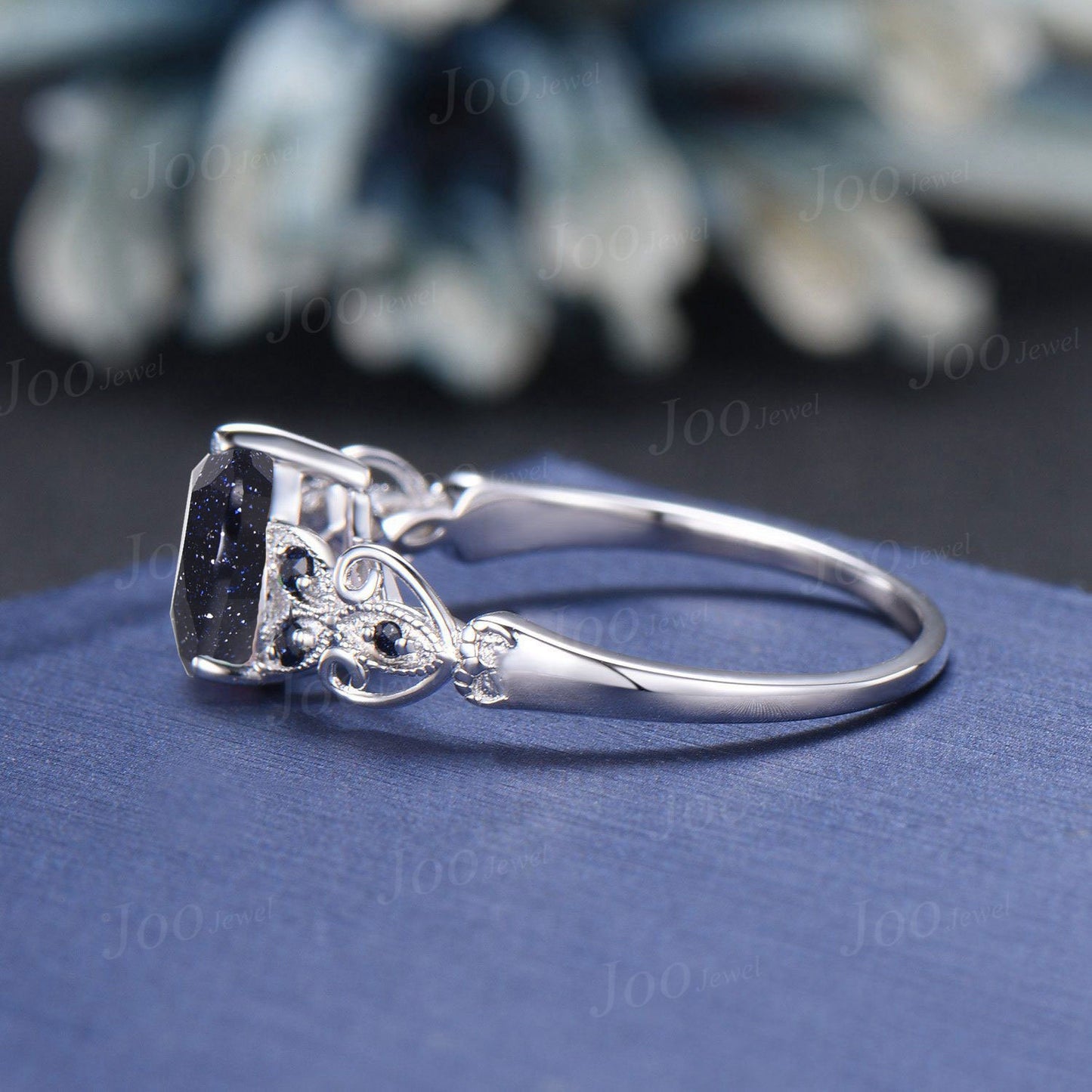 Unique Filigree Design Butterfly Engagement Ring Women 1.25ct Pear Cut Galaxy Blue Sandstone Ring Blue Goldstone Cluster Wedding Ring Gifts