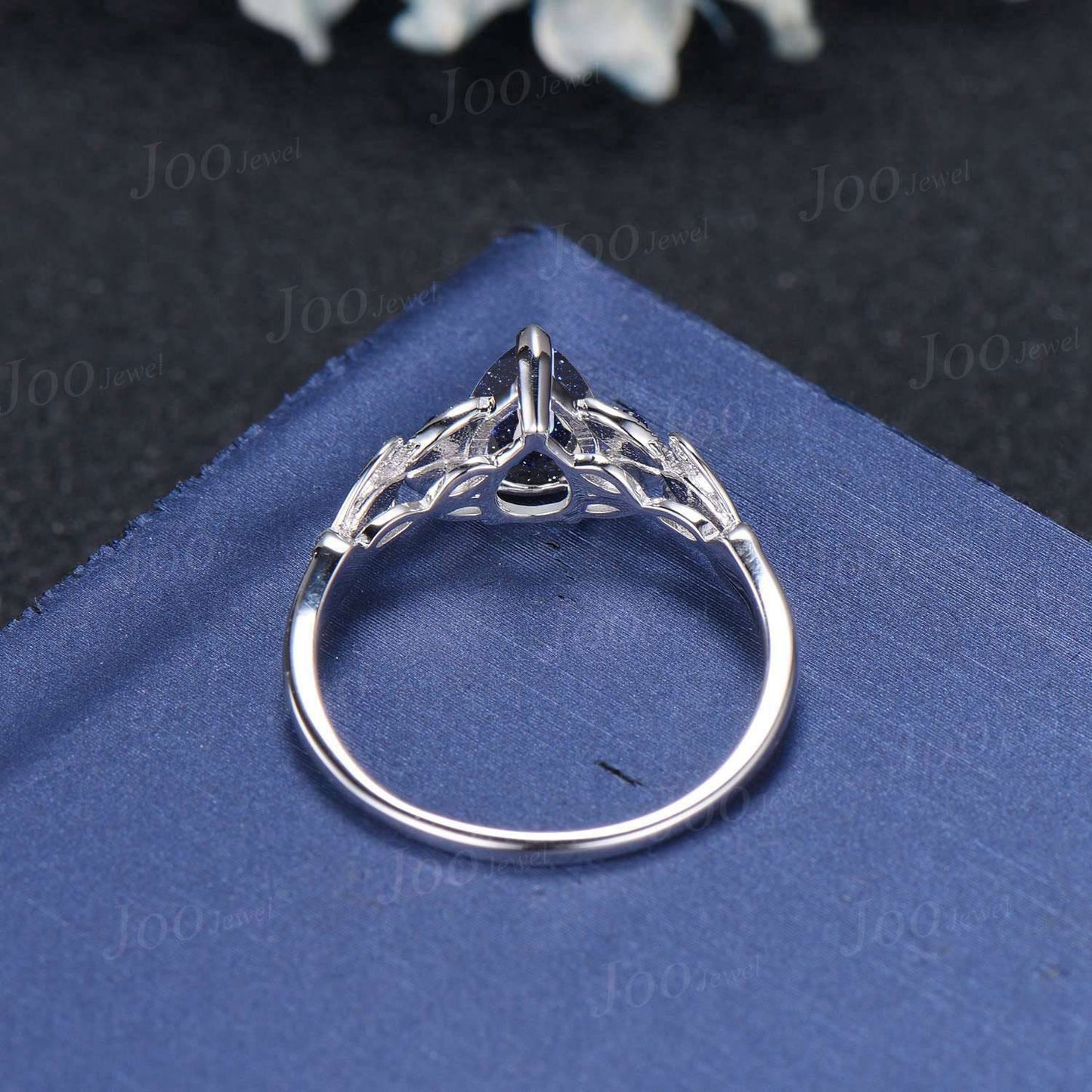 Unique Filigree Design Butterfly Engagement Ring Women 1.25ct Pear Cut Galaxy Blue Sandstone Ring Blue Goldstone Cluster Wedding Ring Gifts