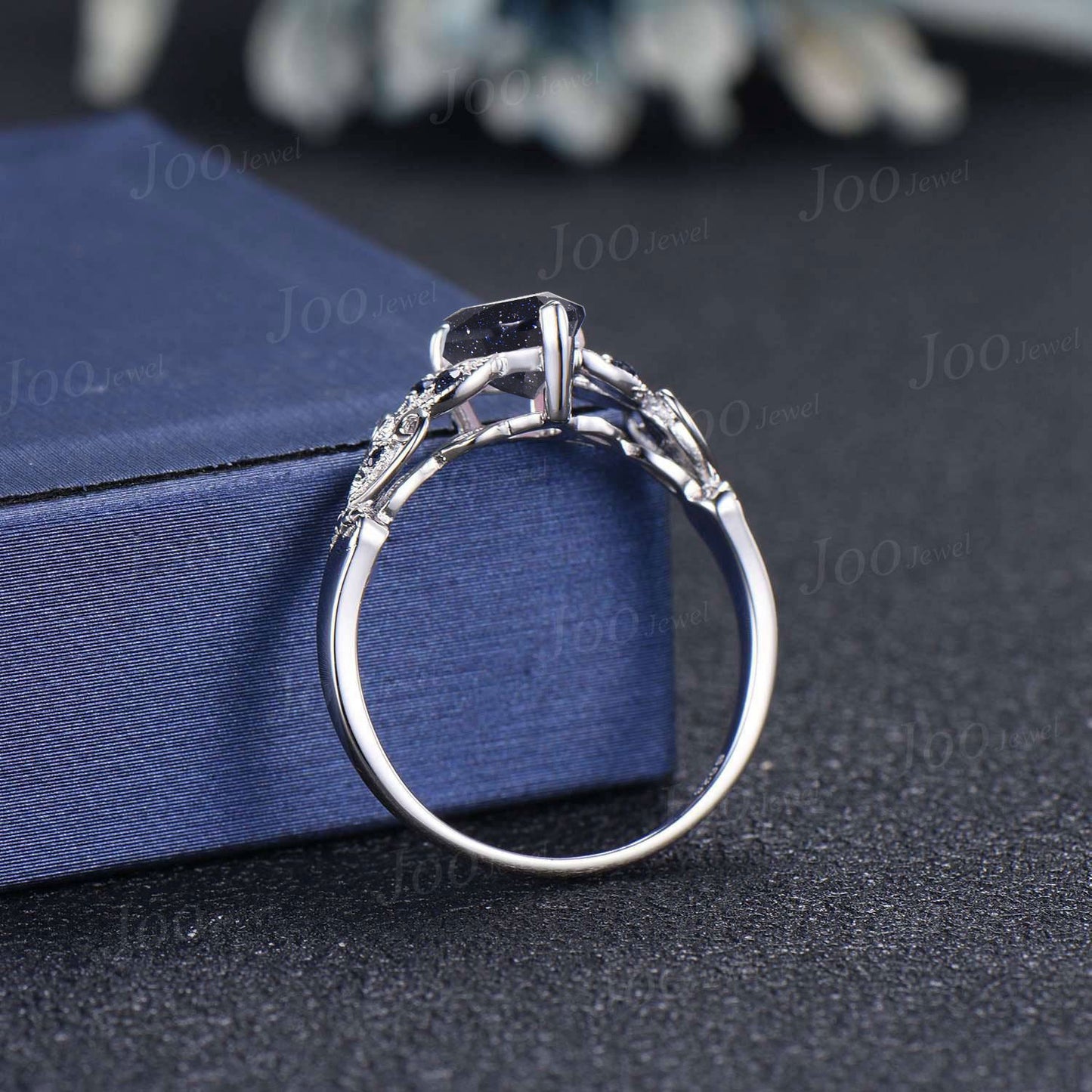 Unique Filigree Design Butterfly Engagement Ring Women 1.25ct Pear Cut Galaxy Blue Sandstone Ring Blue Goldstone Cluster Wedding Ring Gifts