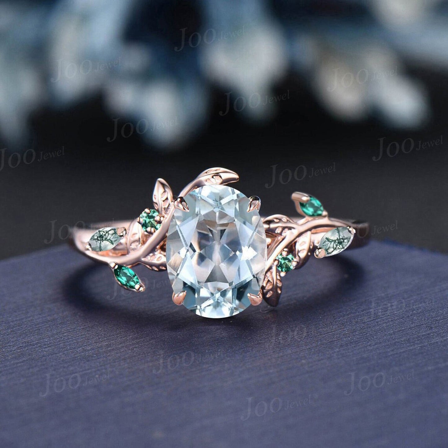 Natural Aquamarine Engagement Ring Set 14K Rose Gold Leaf Branch Nature Inspired Green Emerald Moss Agate Oval Wedding Ring for Women Gifts