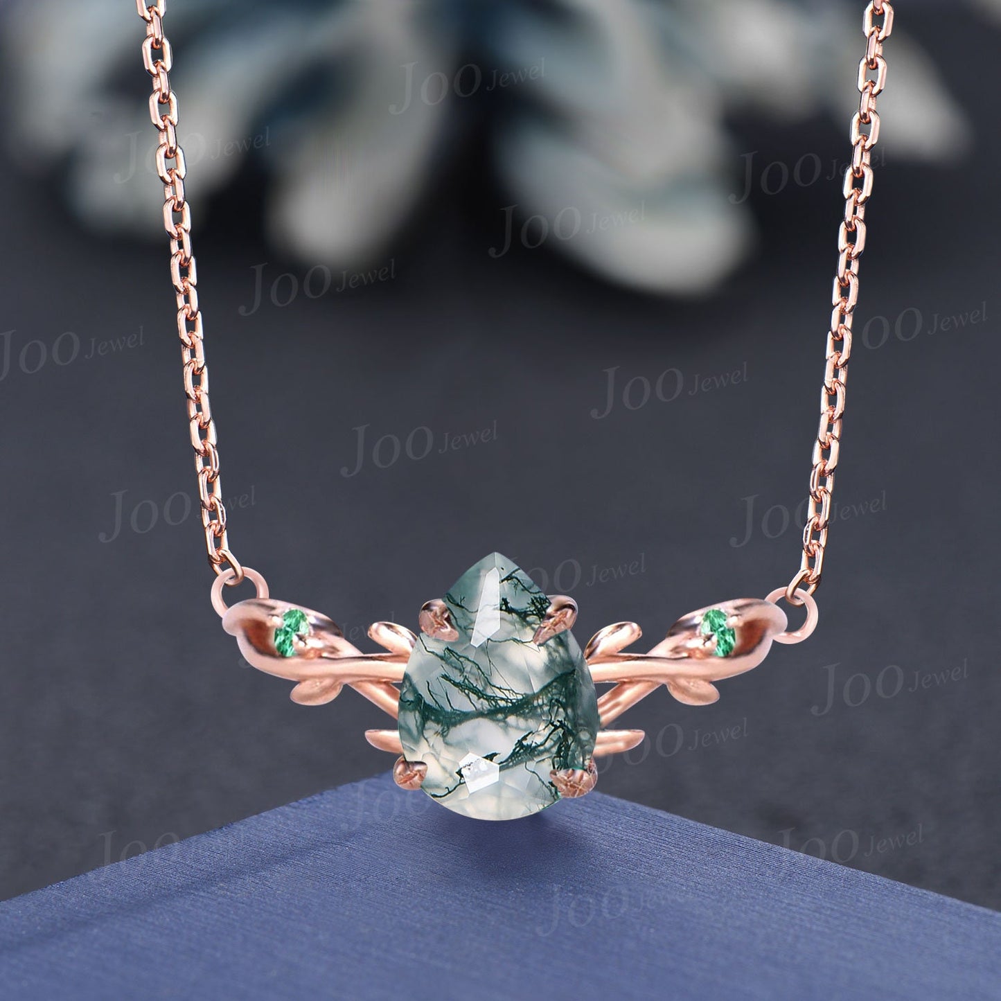 Coffin Cut Moss Agate Necklace 14K Solid Rose Gold Twig Vine Necklace Natural Moss Agate Emerald Pendant Adjustable Curved Gemstone Necklace