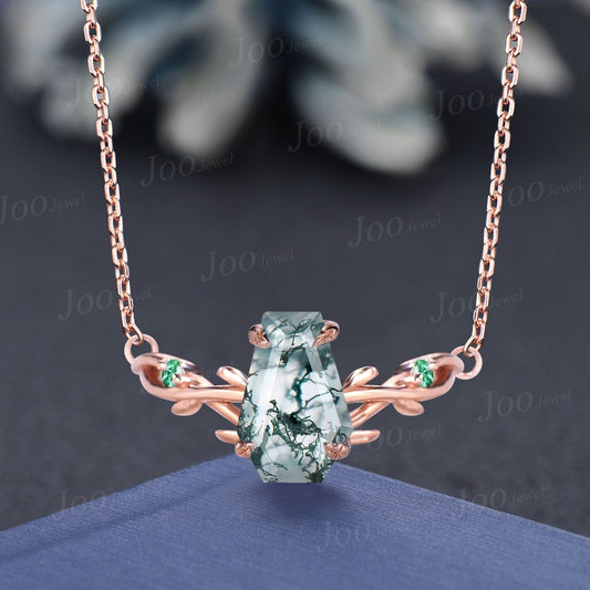 Coffin Cut Moss Agate Necklace 14K Solid Rose Gold Twig Vine Necklace Natural Moss Agate Emerald Pendant Adjustable Curved Gemstone Necklace