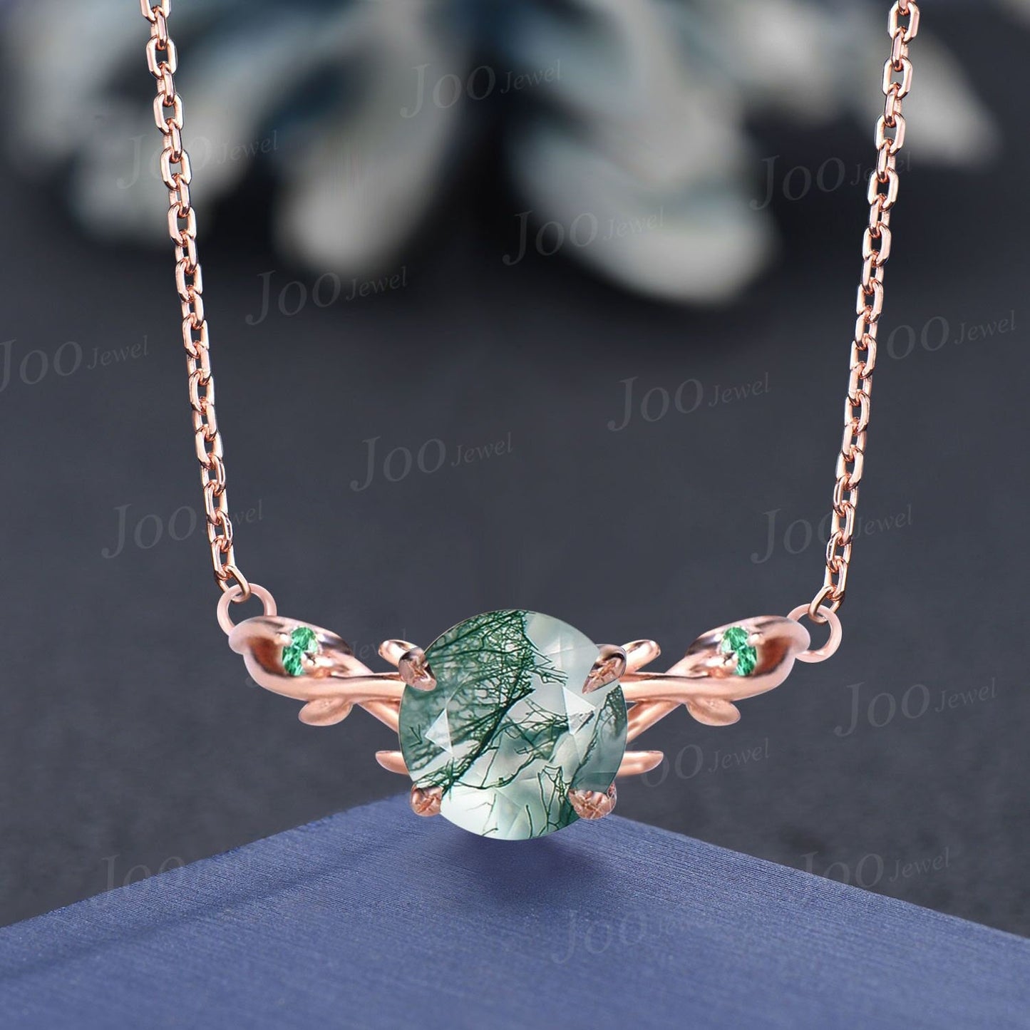 Coffin Cut Moss Agate Necklace 14K Solid Rose Gold Twig Vine Necklace Natural Moss Agate Emerald Pendant Adjustable Curved Gemstone Necklace