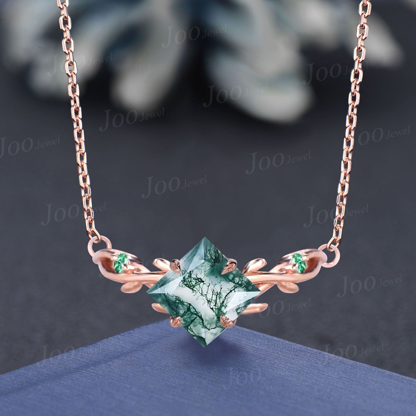 Coffin Cut Moss Agate Necklace 14K Solid Rose Gold Twig Vine Necklace Natural Moss Agate Emerald Pendant Adjustable Curved Gemstone Necklace