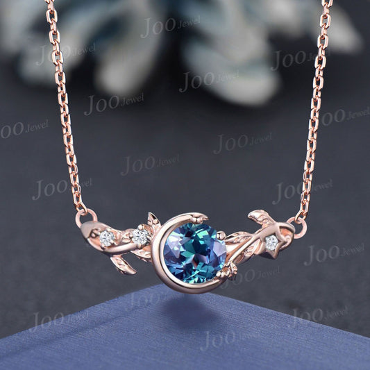 6.5mm Round Alexandrite Necklace Nature Inspired Pendant Rose Gold Color-Change Alexandrite Leaf Branch Curved Gemstone Necklace Adjustable