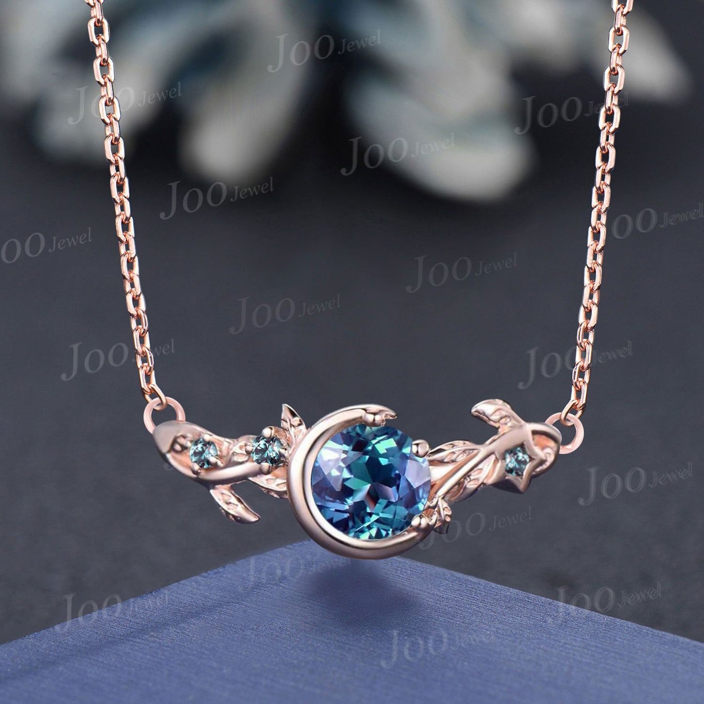6.5mm Round Alexandrite Necklace Nature Inspired Pendant Rose Gold Color-Change Alexandrite Leaf Branch Curved Gemstone Necklace Adjustable