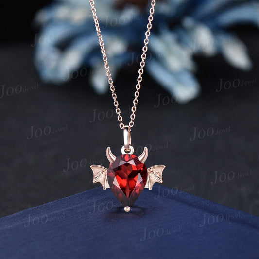 Sterling Silver Devil Necklace Pear Natural Garnet Pendant 14K Rose Gold Red Crystal Necklace January Birthstone Birthstone Gift for Women
