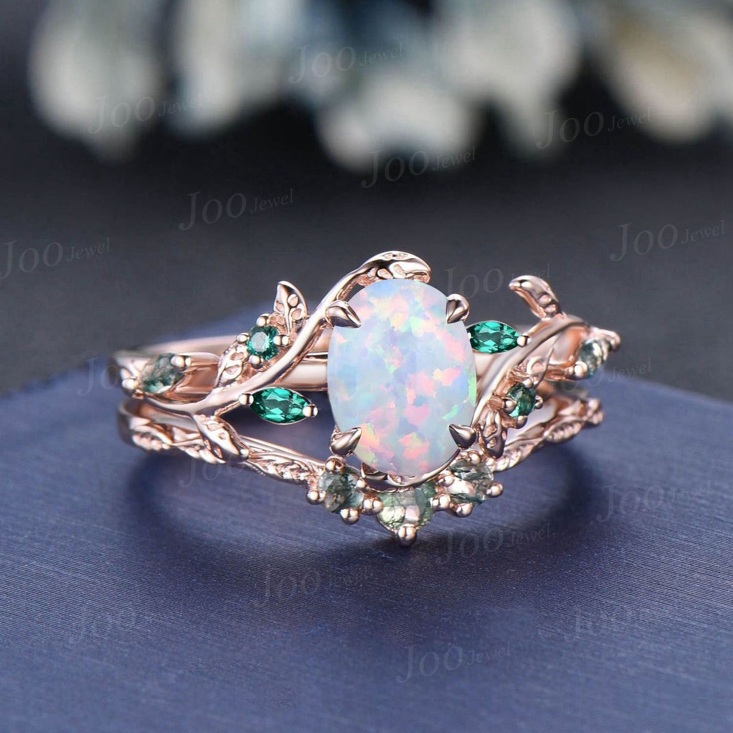 1.5ct Oval Cut White Opal Bridal Ring Set 10K Rose Gold Branch Engagement Ring Emerald Opal Wedding Ring Moss Agate Wedding Band for Women
