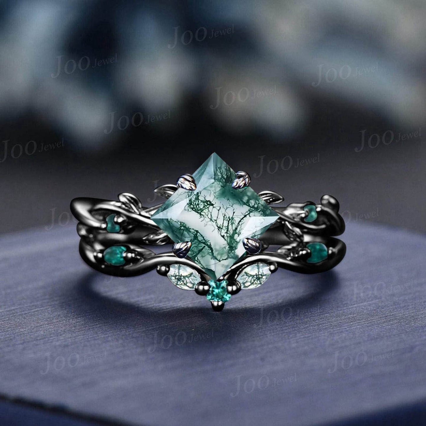 Princess Cut Natural Green Moss Agate Emerald Engagement Ring Set 2ct Twig Vine Wedding Ring Goth Unique Antique 14K Black Gold Promise Ring