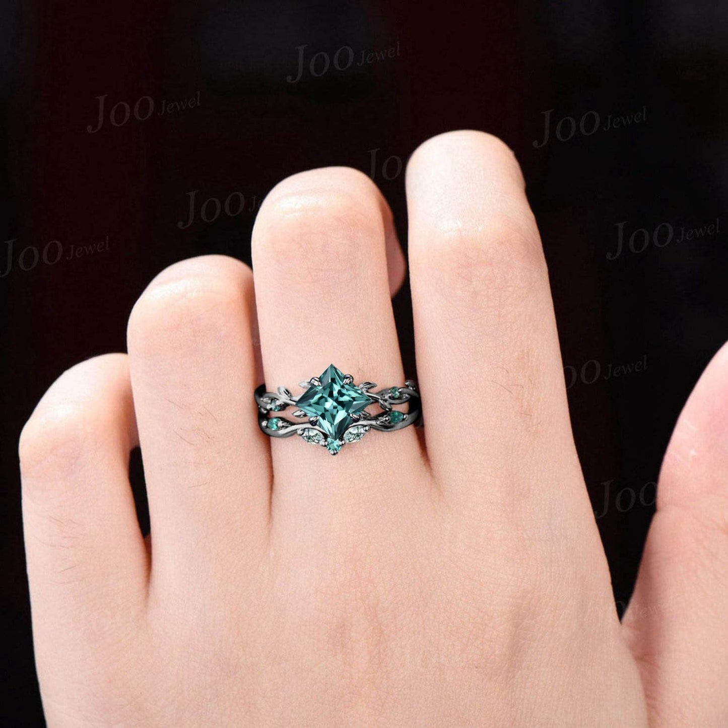 2ct Princess Cut Green Sapphire Engagement Ring Set 10K Black Gold Twig Vine Emerald Agate Wedding Ring Goth Unique Antique Promise Ring