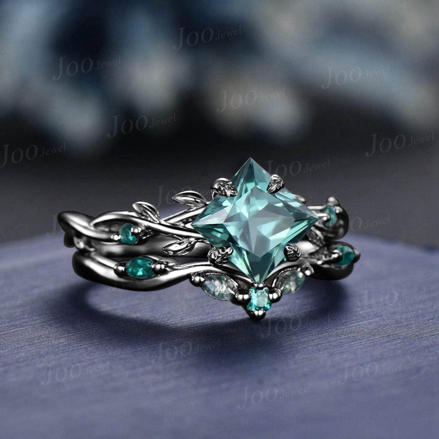 2ct Princess Cut Green Sapphire Engagement Ring Set 10K Black Gold Twig Vine Emerald Agate Wedding Ring Goth Unique Antique Promise Ring