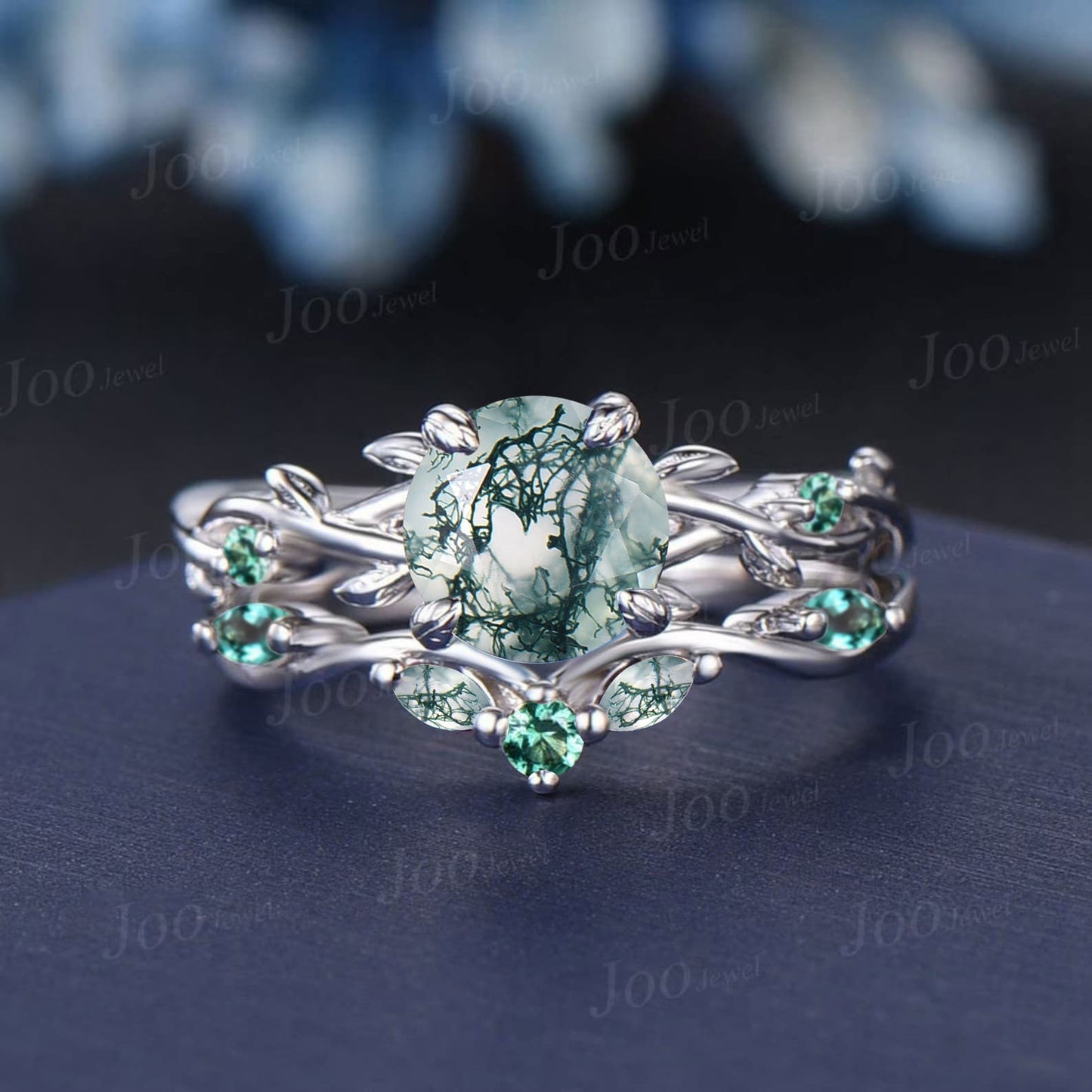 Princess Cut Natural Green Moss Agate Emerald Engagement Ring Set 2ct Twig Vine Wedding Ring Goth Unique Antique 14K Black Gold Promise Ring