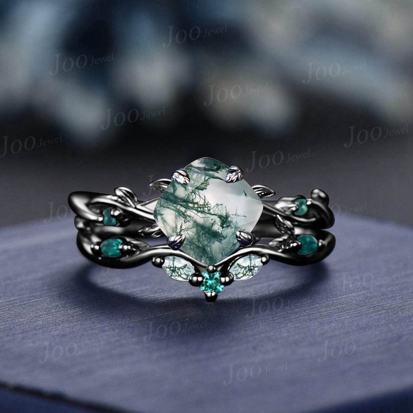 Princess Cut Natural Green Moss Agate Emerald Engagement Ring Set 2ct Twig Vine Wedding Ring Goth Unique Antique 14K Black Gold Promise Ring