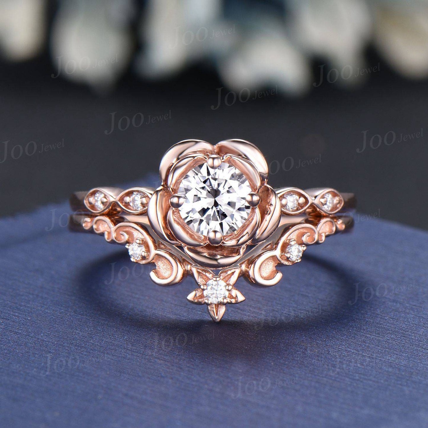 14K Rose Gold Flower Engagement Ring Set Round Cut Moissanite Ring Vintage Leaf Diamond Floral Bridal Ring Unique Romantic Anniversary Gifts