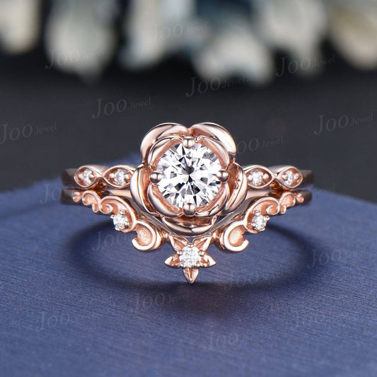 14K Rose Gold Flower Engagement Ring Set Round Cut Moissanite Ring Vintage Leaf Diamond Floral Bridal Ring Unique Romantic Anniversary Gifts