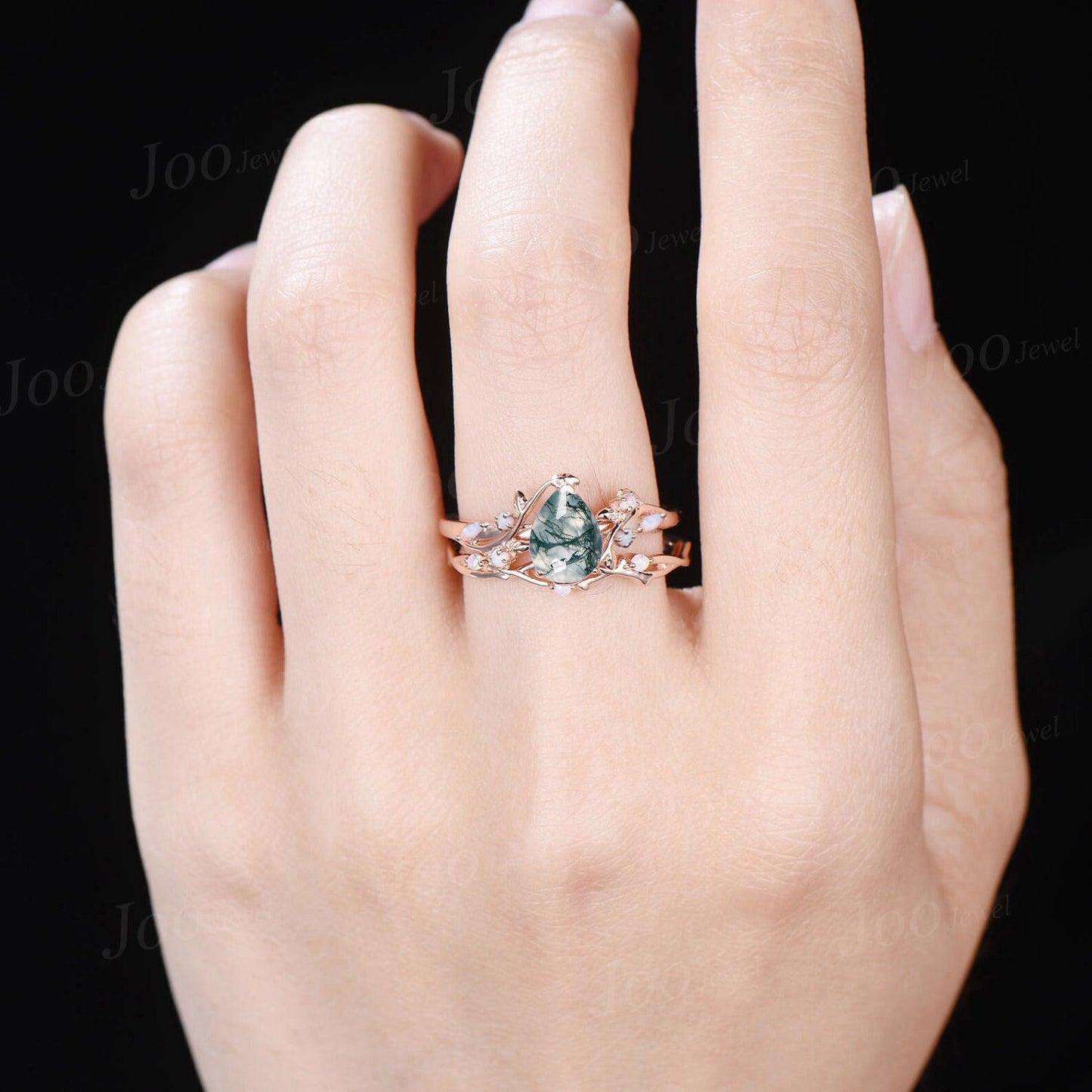 Teardrop Engagement Ring Vintage Branch Design Natural Green Moss Agate Ring 10K Rose Gold Cluster Opal Wedding Ring Twig Vine Bridal Ring