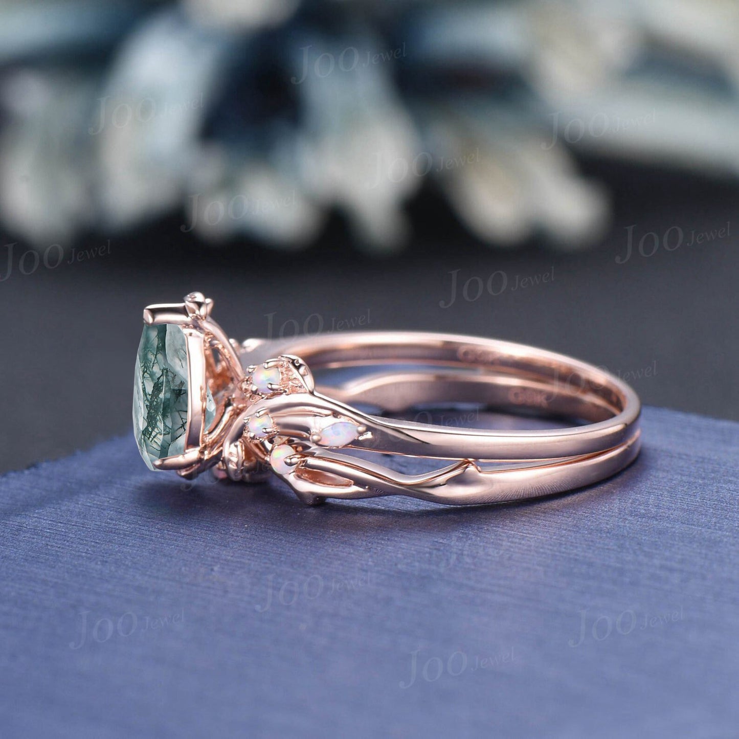 Teardrop Engagement Ring Vintage Branch Design Natural Green Moss Agate Ring 10K Rose Gold Cluster Opal Wedding Ring Twig Vine Bridal Ring