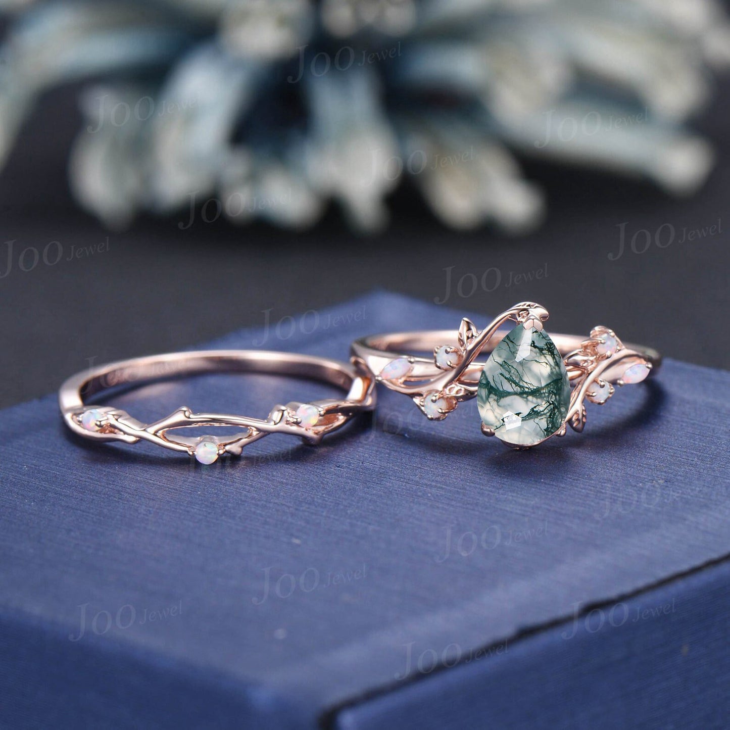 Teardrop Engagement Ring Vintage Branch Design Natural Green Moss Agate Ring 10K Rose Gold Cluster Opal Wedding Ring Twig Vine Bridal Ring