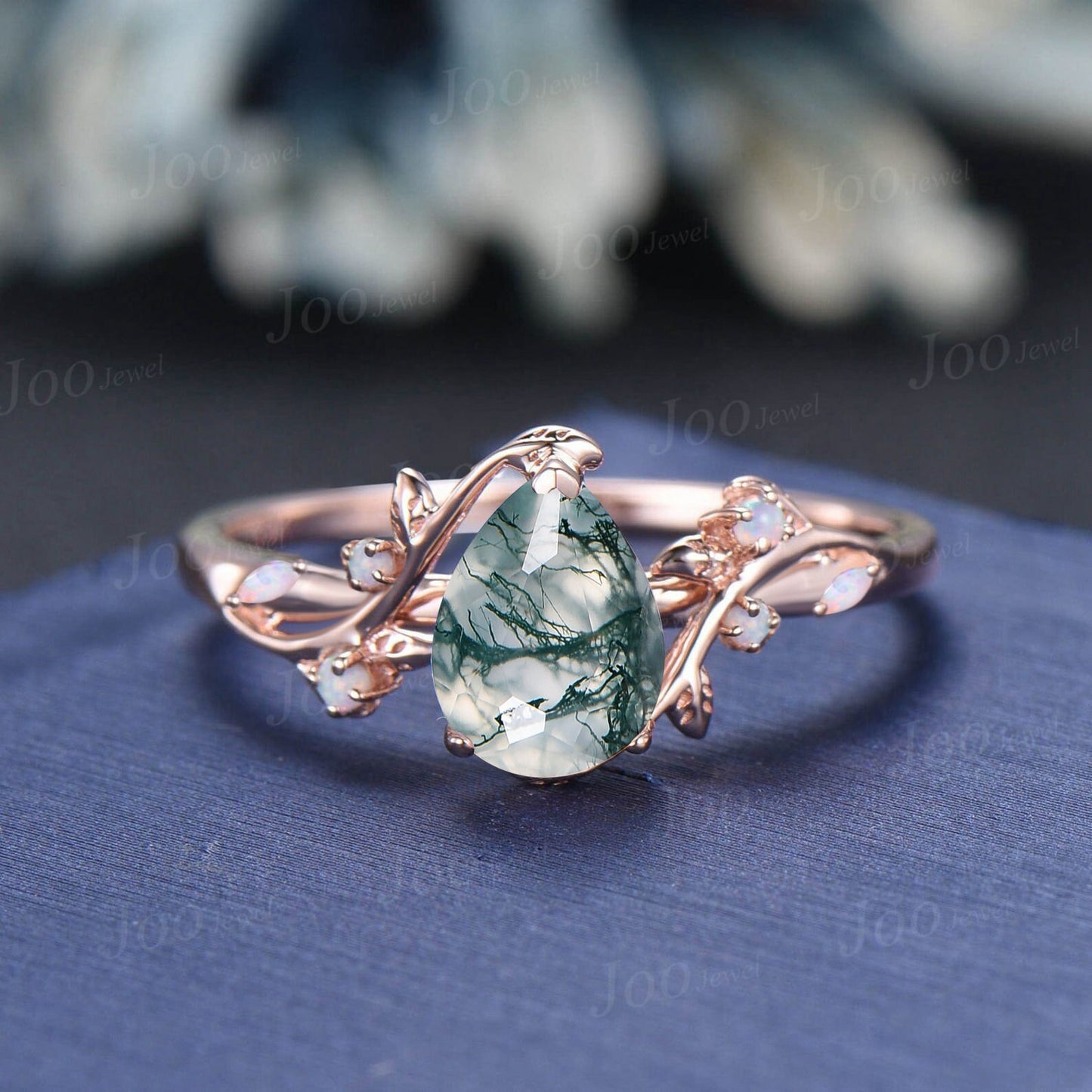 Teardrop Engagement Ring Vintage Branch Design Natural Green Moss Agate Ring 10K Rose Gold Cluster Opal Wedding Ring Twig Vine Bridal Ring