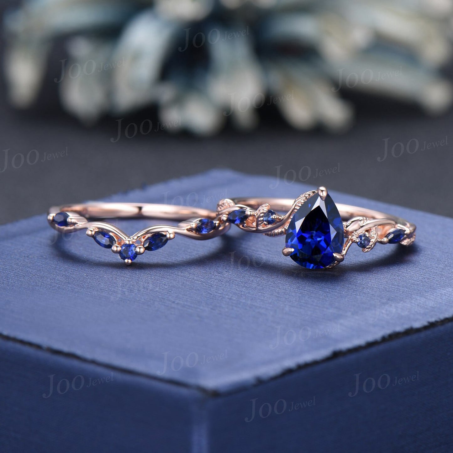 Twig Vine Blue Sapphire Engagement Ring Set Vintage 1.25ct Pear Royal Blue Sapphire Ring Antique Noble September Birthstone Gifts for Women