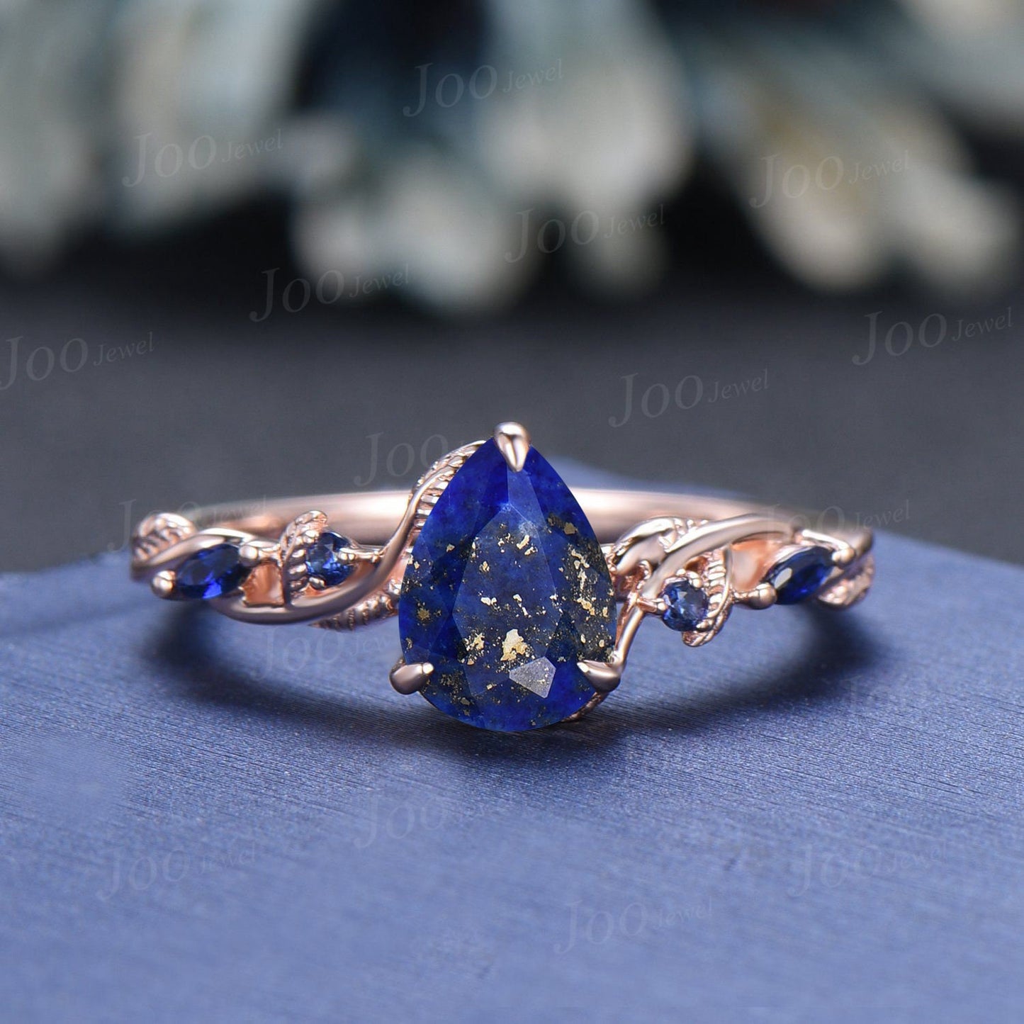 Natural Pear Lapis Lazuli Engagement Ring Set14K Rose Gold Vintage Lapis Gold Wedding Ring Blue Sapphire Ring Antique Christmas Gift for Mom