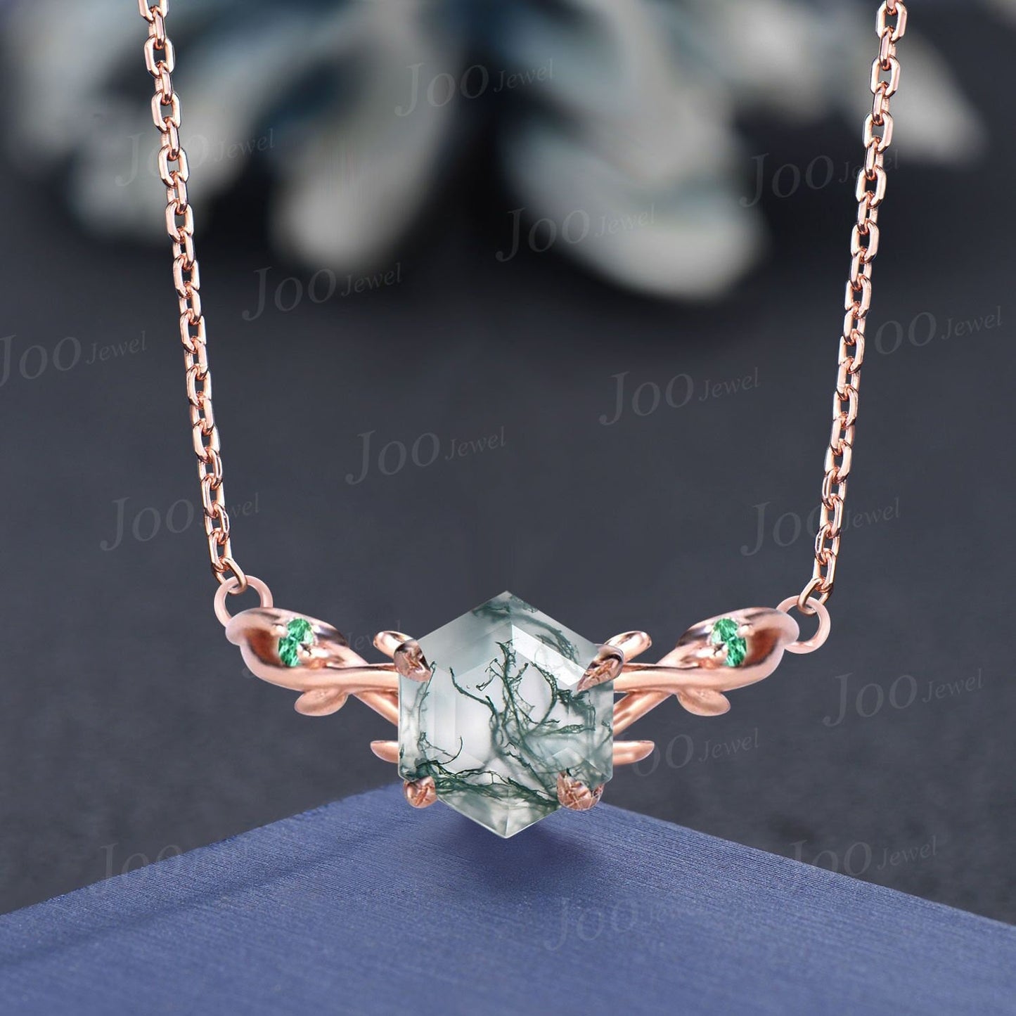 Coffin Cut Moss Agate Necklace 14K Solid Rose Gold Twig Vine Necklace Natural Moss Agate Emerald Pendant Adjustable Curved Gemstone Necklace