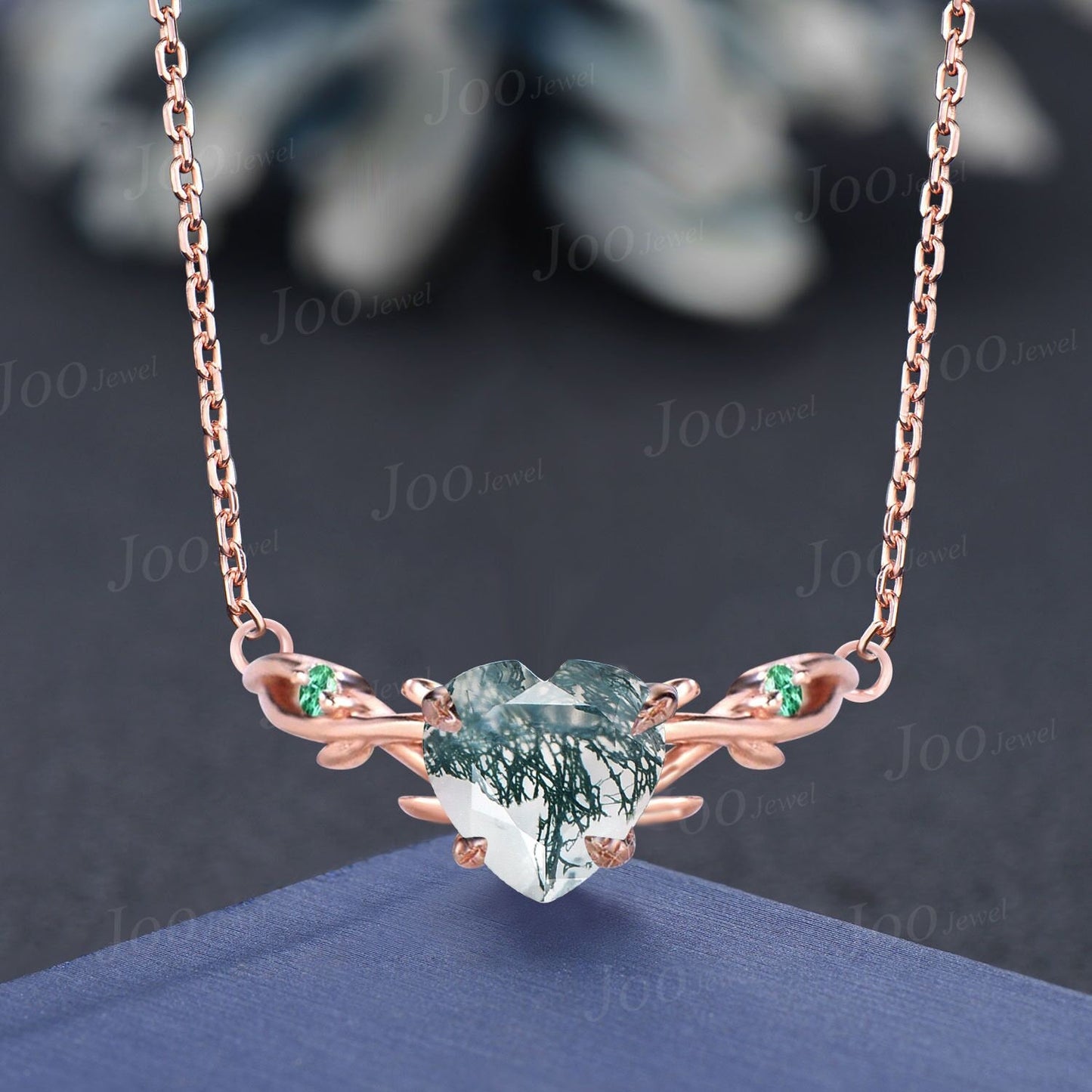 Coffin Cut Moss Agate Necklace 14K Solid Rose Gold Twig Vine Necklace Natural Moss Agate Emerald Pendant Adjustable Curved Gemstone Necklace