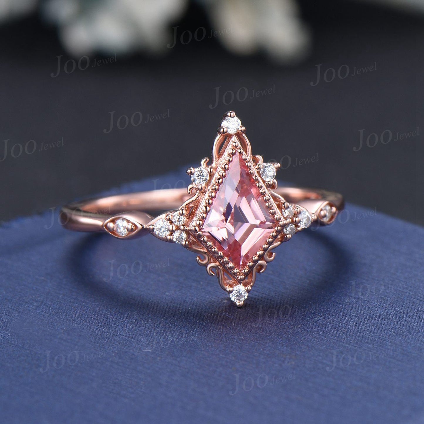 Kite Cut Pink Padparadscha Diamond Halo Engagement Ring 14K Rose Gold Filigree Wedding Ring Vintage Ring Romantic Anniversary Gift For Women