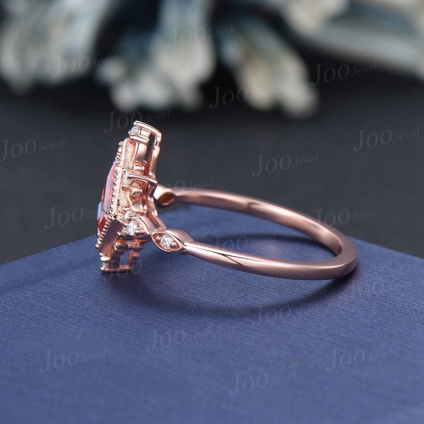 Kite Cut Pink Padparadscha Diamond Halo Engagement Ring 14K Rose Gold Filigree Wedding Ring Vintage Ring Romantic Anniversary Gift For Women