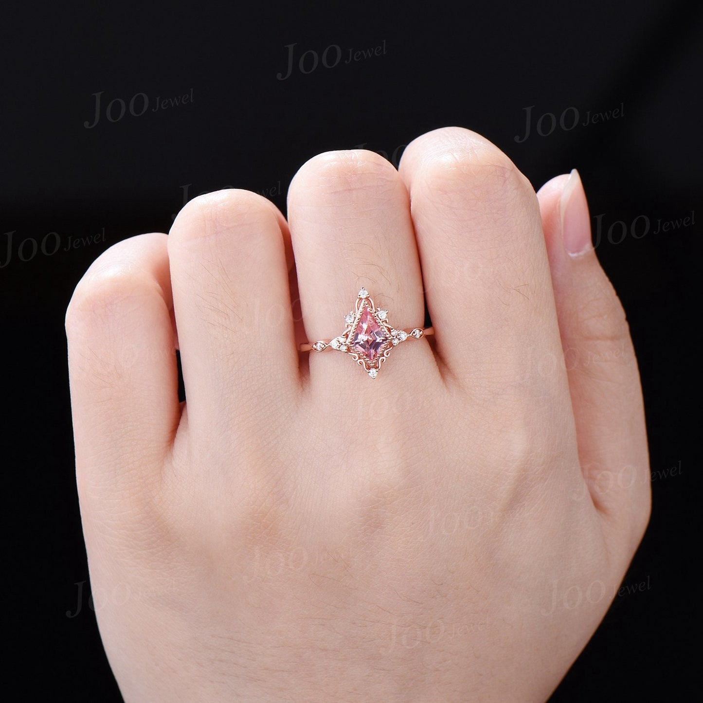 Kite Cut Pink Padparadscha Diamond Halo Engagement Ring 14K Rose Gold Filigree Wedding Ring Vintage Ring Romantic Anniversary Gift For Women