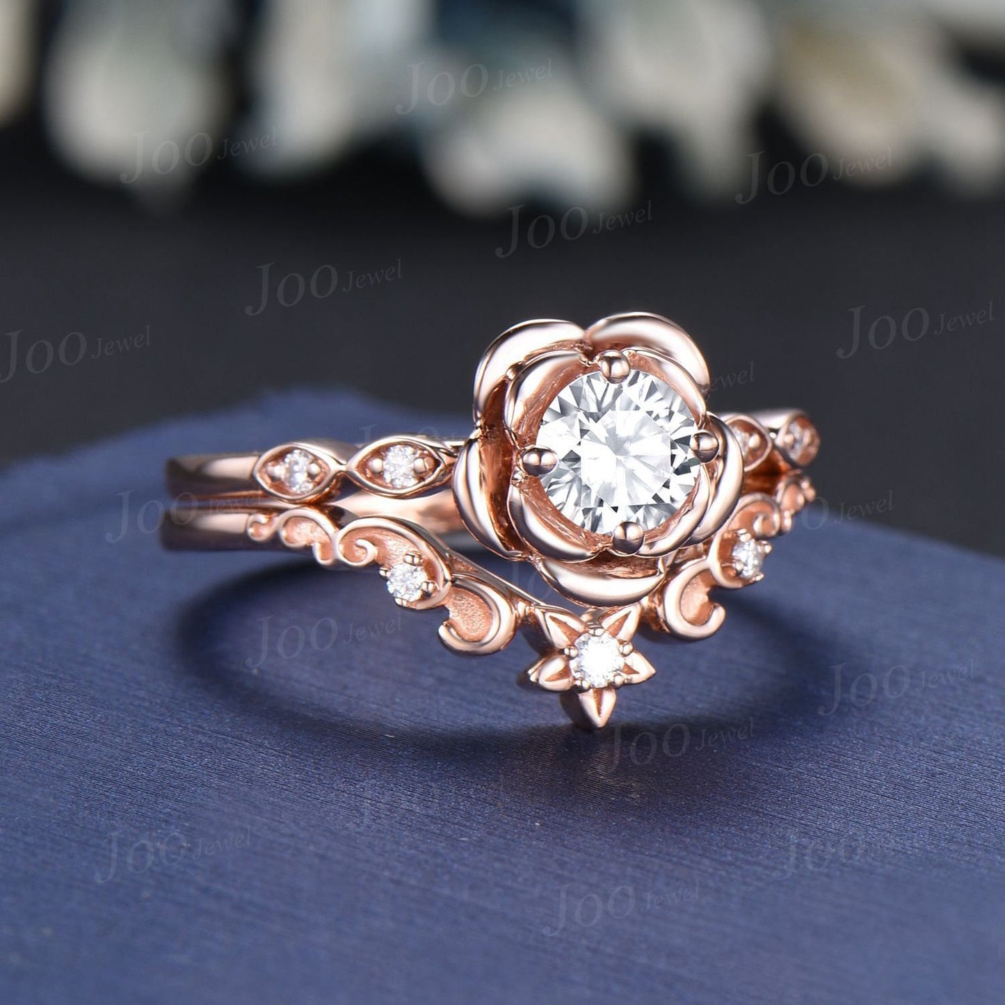 14K Rose Gold Flower Engagement Ring Set Round Cut Moissanite Ring Vintage Leaf Diamond Floral Bridal Ring Unique Romantic Anniversary Gifts