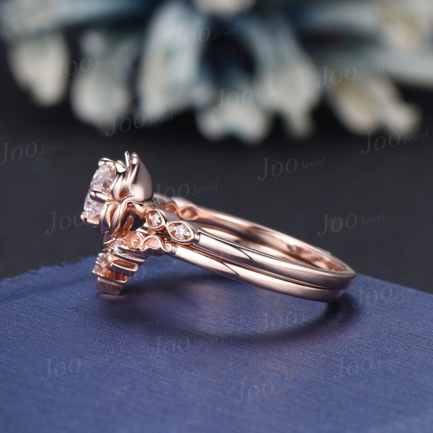 14K Rose Gold Flower Engagement Ring Set Round Cut Moissanite Ring Vintage Leaf Diamond Floral Bridal Ring Unique Romantic Anniversary Gifts