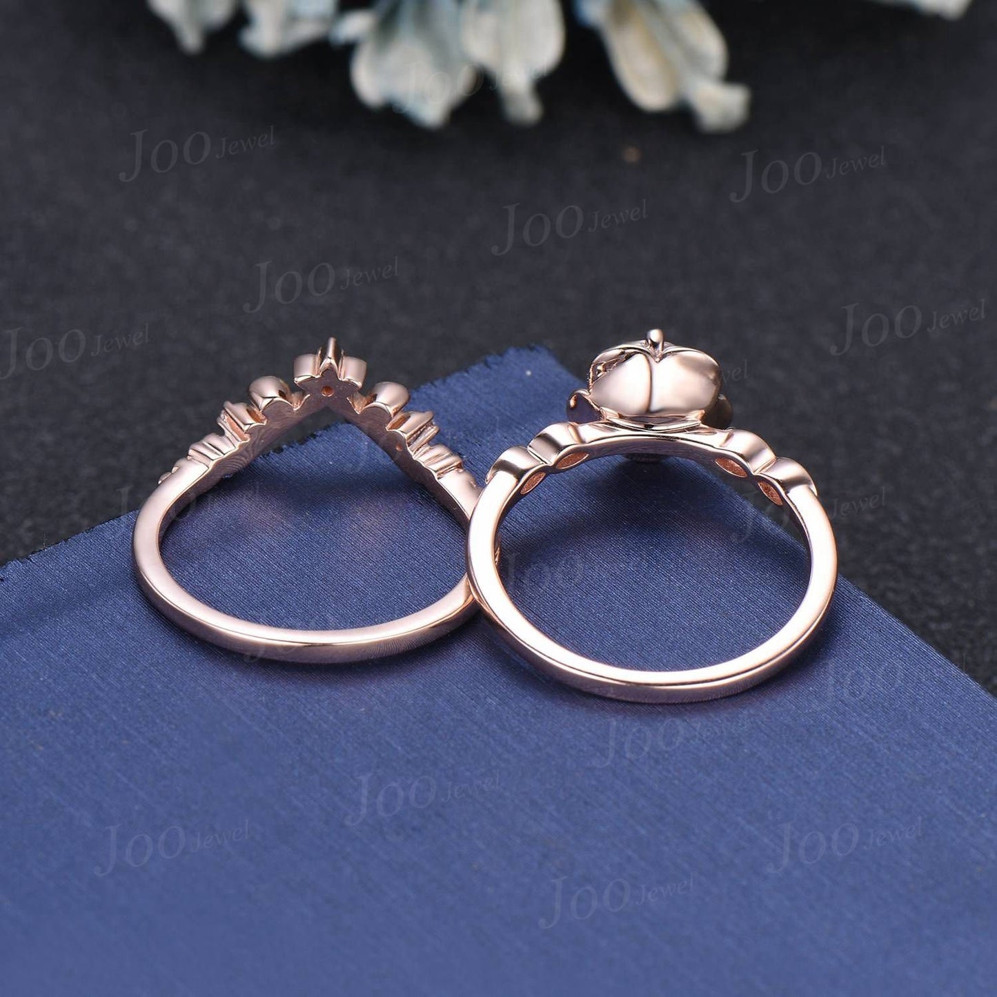 14K Rose Gold Flower Engagement Ring Set Round Cut Moissanite Ring Vintage Leaf Diamond Floral Bridal Ring Unique Romantic Anniversary Gifts
