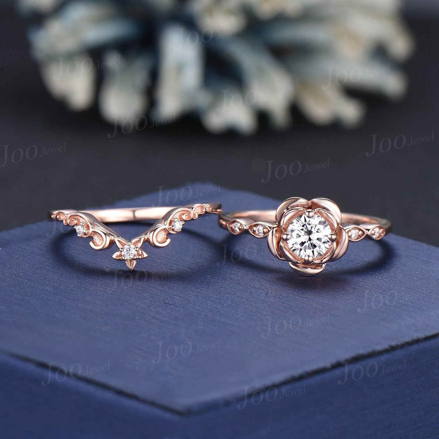 14K Rose Gold Flower Engagement Ring Set Round Cut Moissanite Ring Vintage Leaf Diamond Floral Bridal Ring Unique Romantic Anniversary Gifts