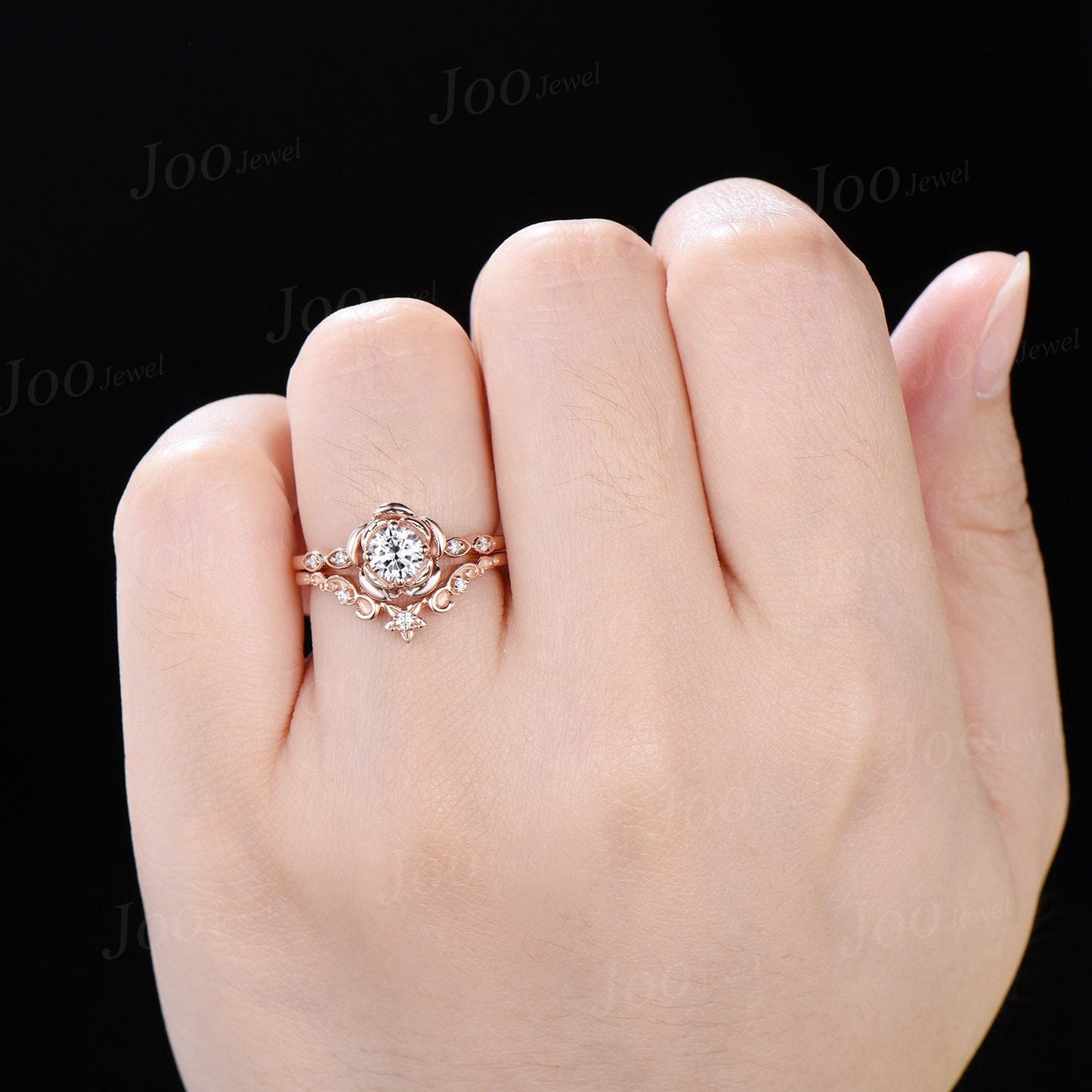 14K Rose Gold Flower Engagement Ring Set Round Cut Moissanite Ring Vintage Leaf Diamond Floral Bridal Ring Unique Romantic Anniversary Gifts