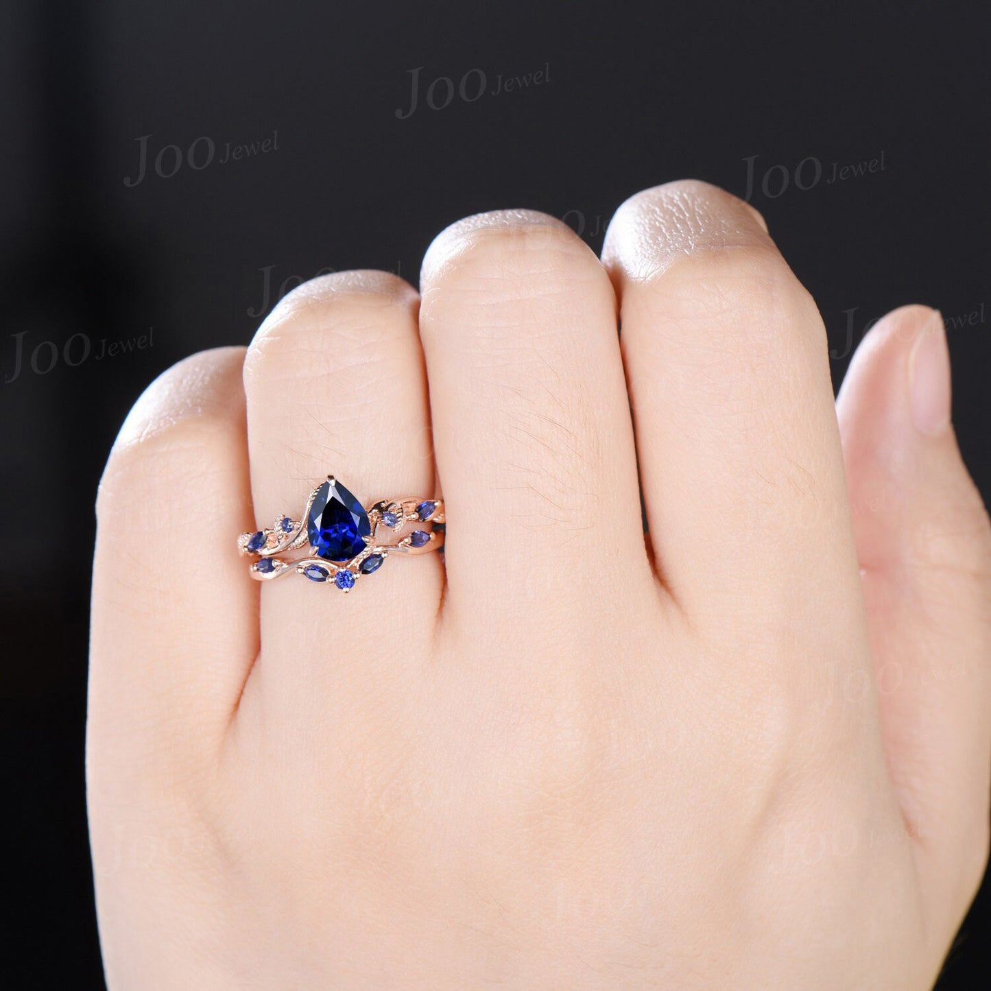 Twig Vine Blue Sapphire Engagement Ring Set Vintage 1.25ct Pear Royal Blue Sapphire Ring Antique Noble September Birthstone Gifts for Women