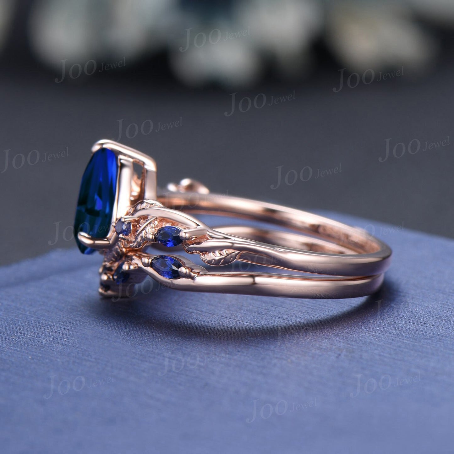 Twig Vine Blue Sapphire Engagement Ring Set Vintage 1.25ct Pear Royal Blue Sapphire Ring Antique Noble September Birthstone Gifts for Women