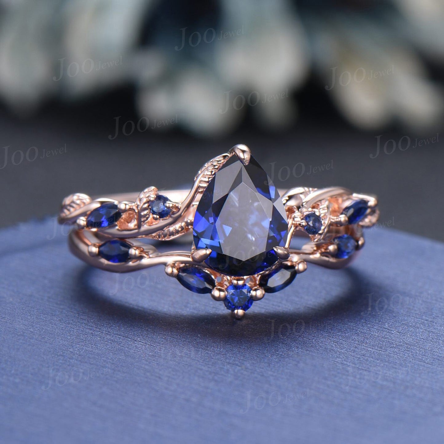 Twig Vine Blue Sapphire Engagement Ring Set Vintage 1.25ct Pear Royal Blue Sapphire Ring Antique Noble September Birthstone Gifts for Women