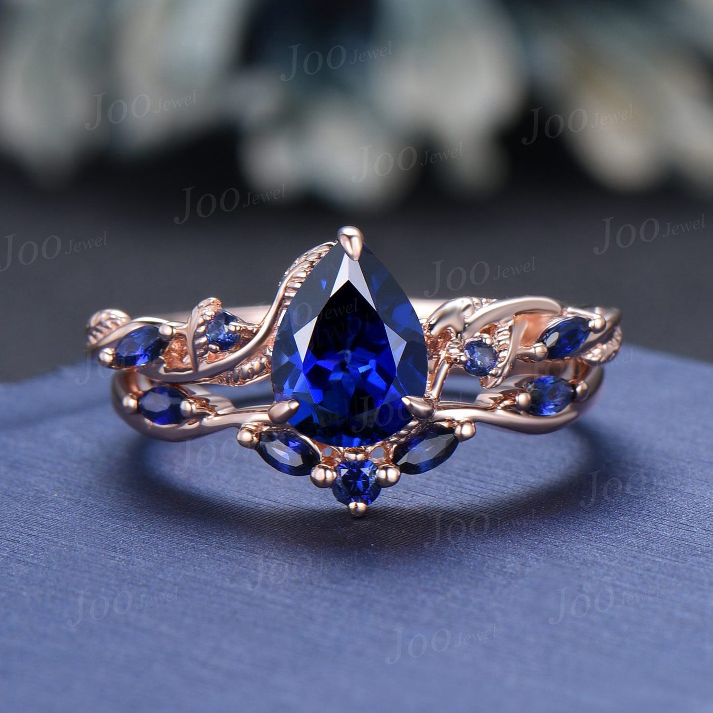 Twig Vine Blue Sapphire Engagement Ring Set Vintage 1.25ct Pear Royal Blue Sapphire Ring Antique Noble September Birthstone Gifts for Women