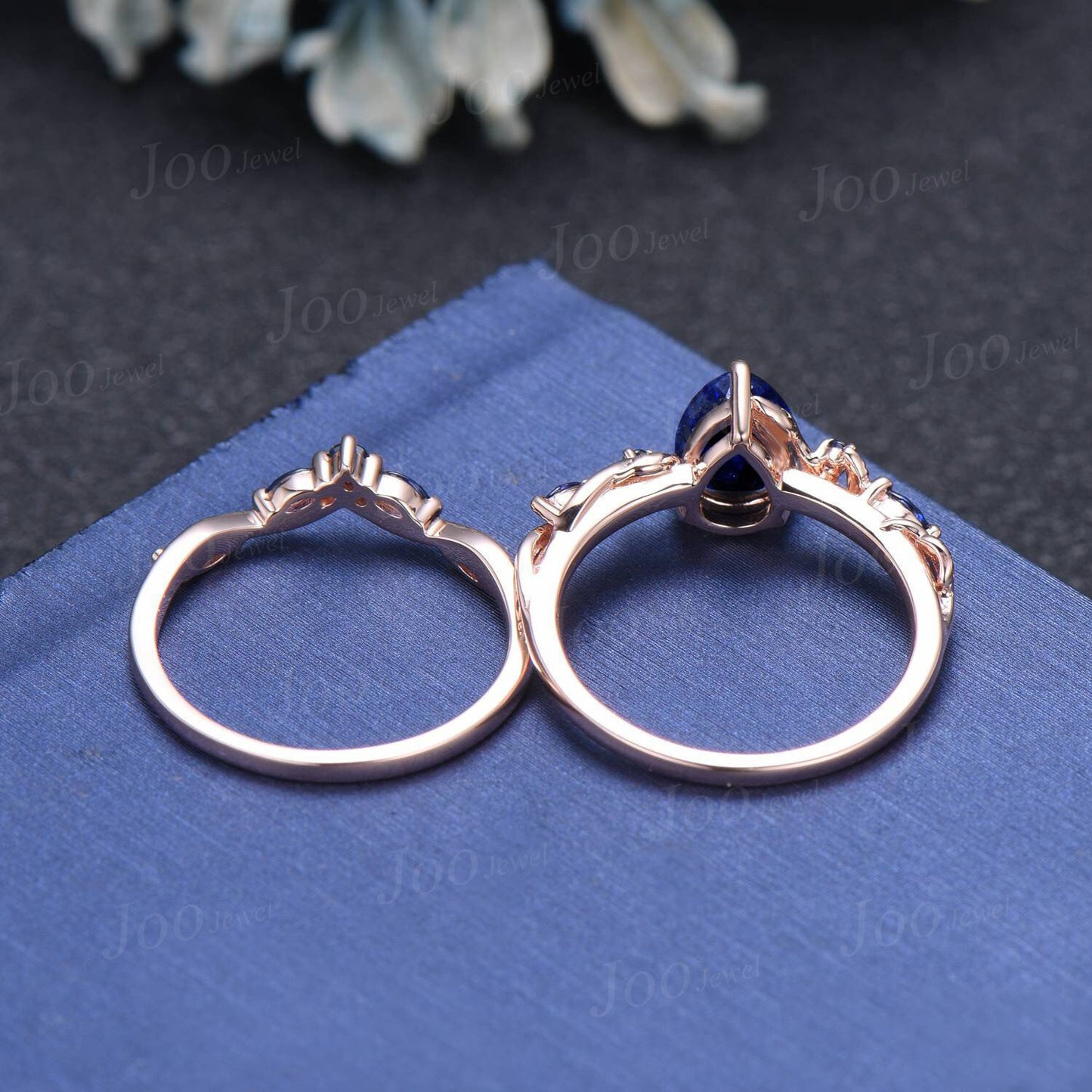 Twig Vine Blue Sapphire Engagement Ring Set Vintage 1.25ct Pear Royal Blue Sapphire Ring Antique Noble September Birthstone Gifts for Women